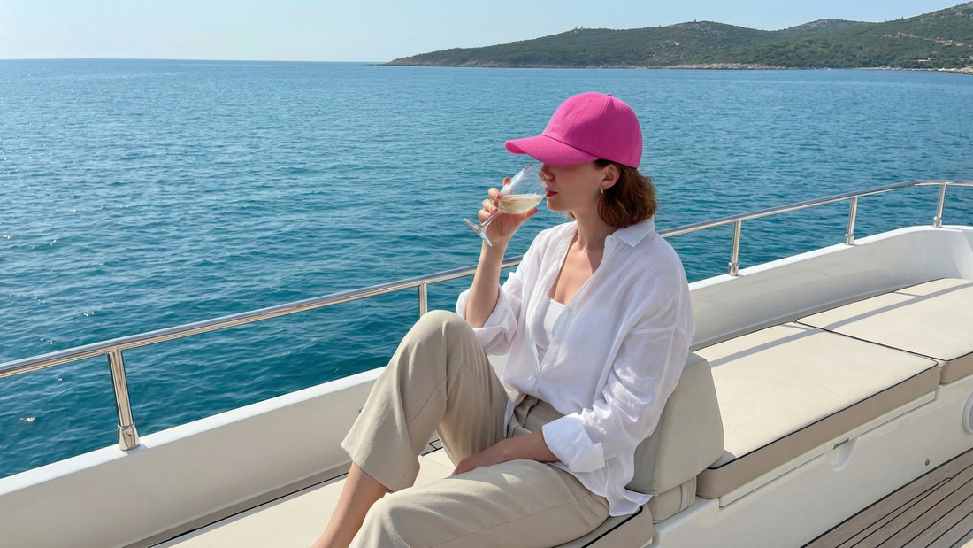 A woman wearing a bold pink linen baseball cap and white linen shirt, sitting on a yacht deck sipping white wine with a calm blue sea in the background.