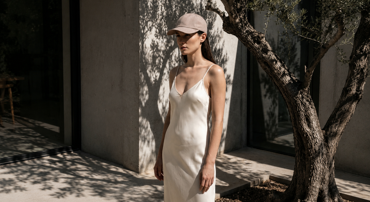 Woman wearing a minimalist beige linen baseball cap with a white silk slip dress, standing in a sunlit Tuscan courtyard beside an olive tree.