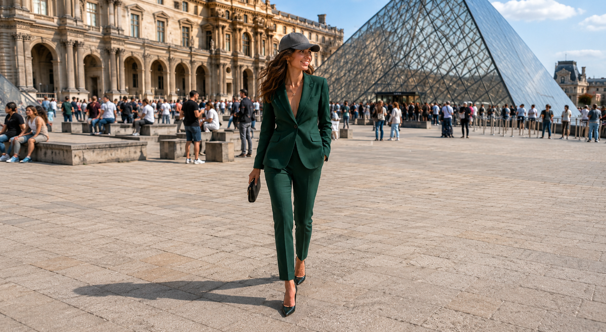 Woman wearing a tailored emerald green suit paired with a minimalist charcoal Italian linen baseball cap, walking near the Louvre in Paris.