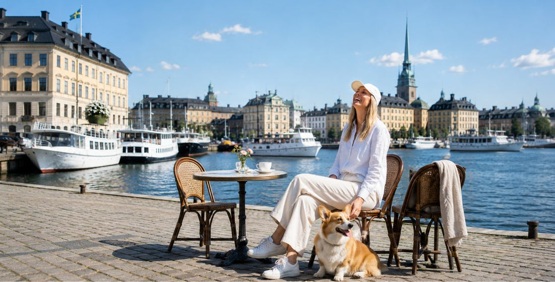 Woman wearing a seamless high-density linen headwear, relaxing by the water with a corgi in a quiet luxury aesthetic.