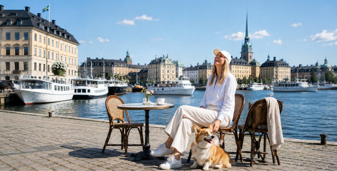 Woman wearing a seamless high-density linen headwear, relaxing by the water with a corgi in a quiet luxury aesthetic.
