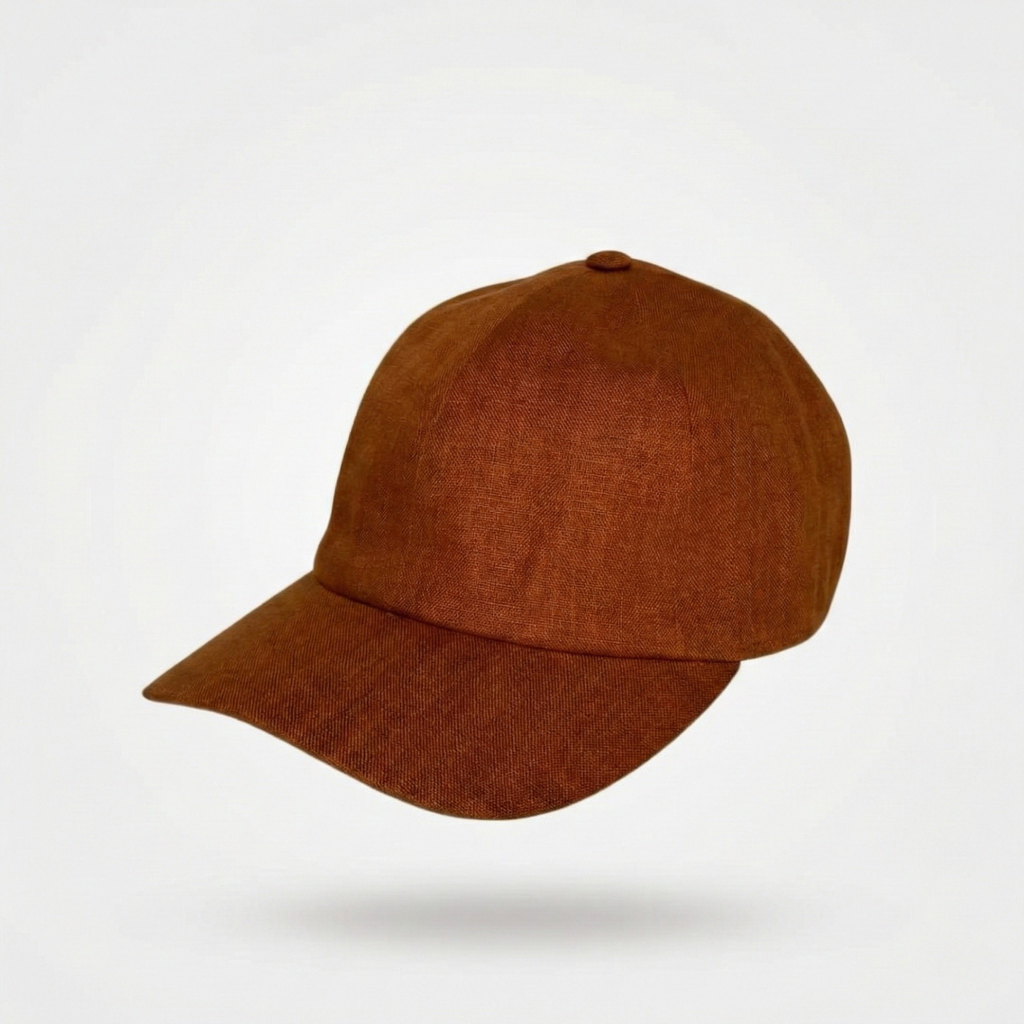 Tobacco-Brown Linen Baseball Cap | Autumnal Texture | Cognac-colored leather - CacheMio®
