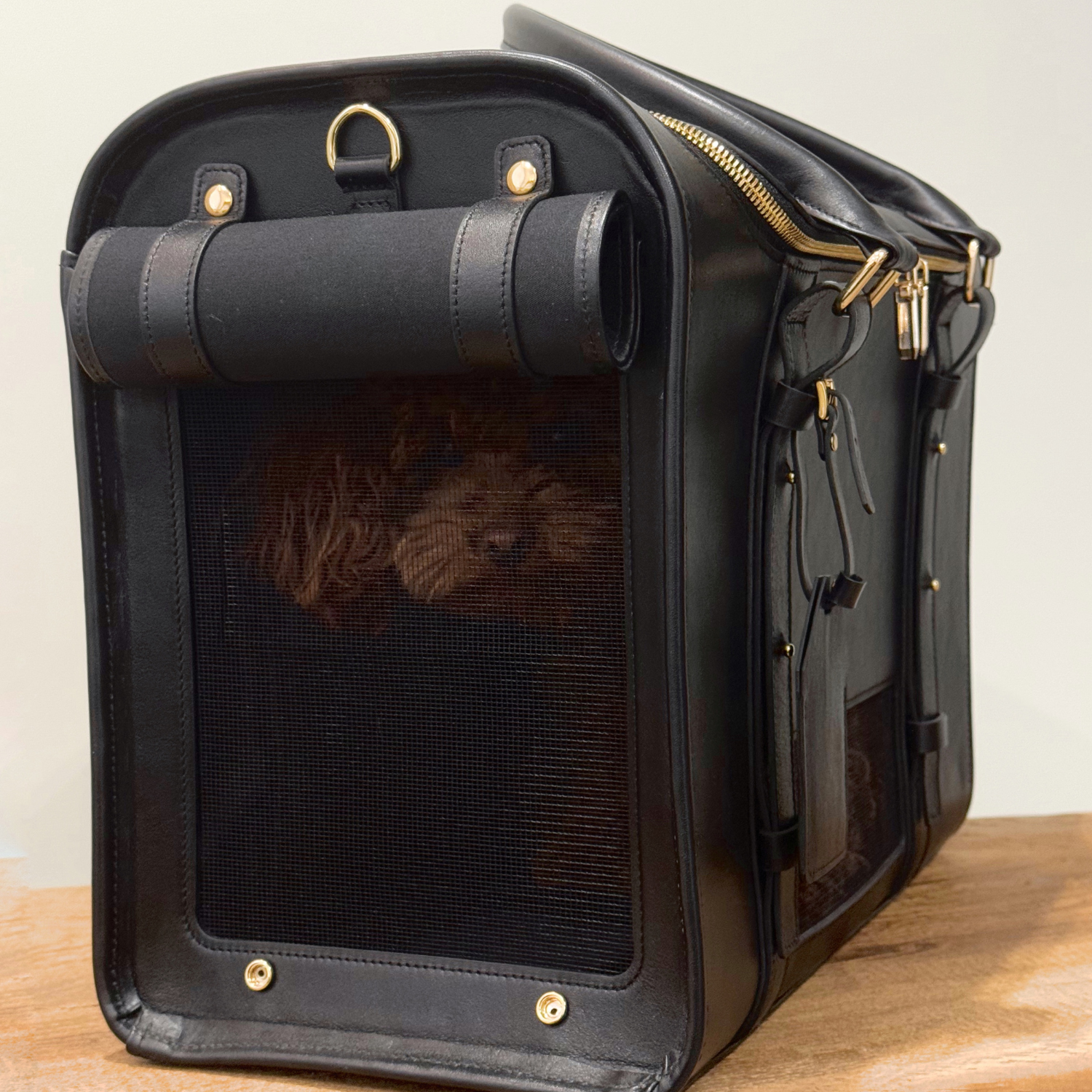 Discreet bottom mesh panels ensure continuous fresh airflow for the resting brown maltipoo, while maintaining the bag's sophisticated opaque exterior.