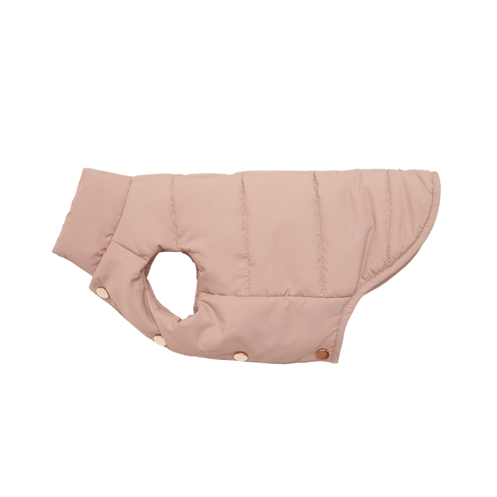 The neutral beige silhouette of the insulated pet coat highlights the thoughtful ergonomic curvature along the hem, designed specifically to protect sensitive abdominal areas from winter chills.