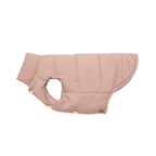 The neutral beige silhouette of the insulated pet coat highlights the thoughtful ergonomic curvature along the hem, designed specifically to protect sensitive abdominal areas from winter chills.