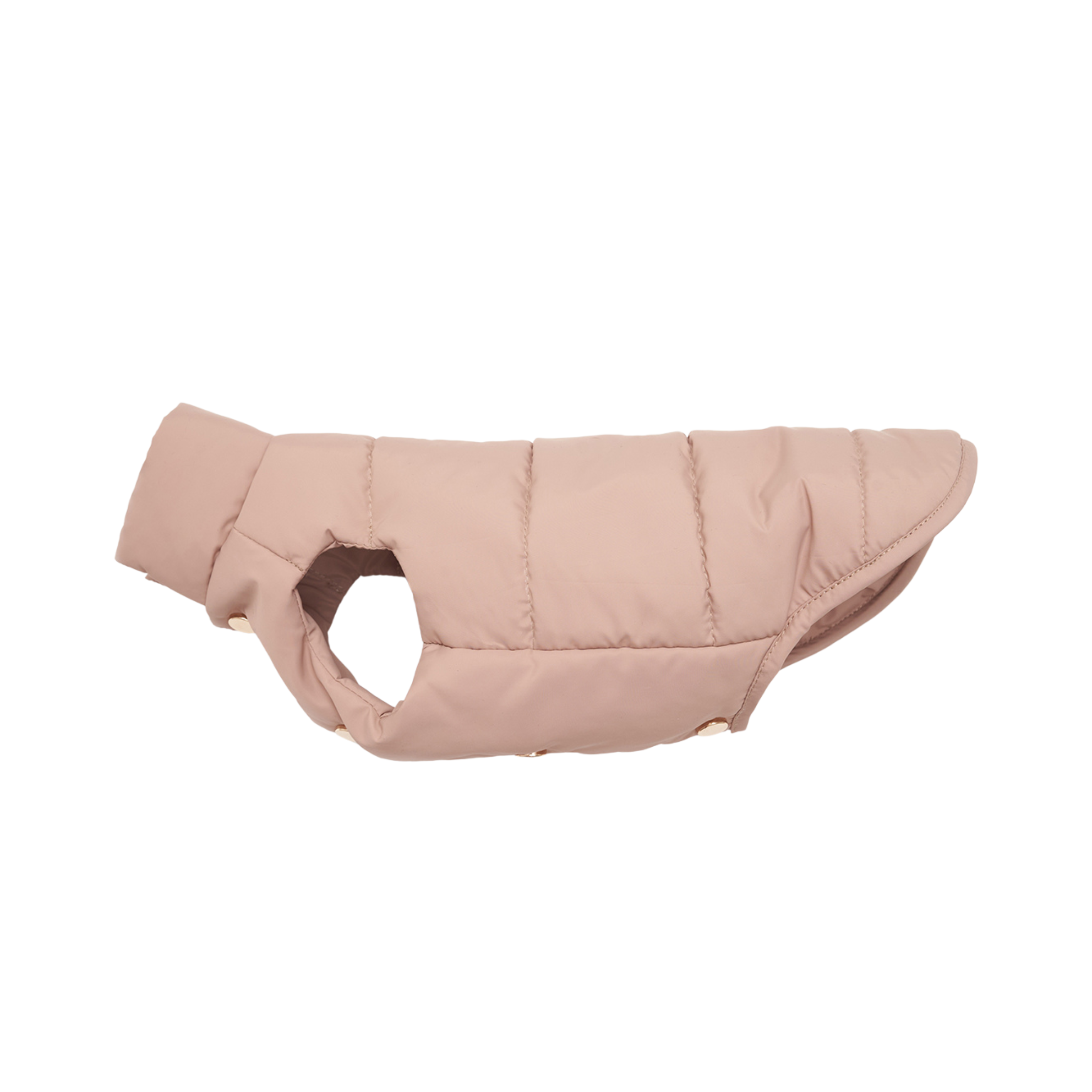 Engineered to defy freezing temperatures, this elegant beige canine winter garment is displayed in a crisp, folded stance. The design emphasizes continuous thermal protection and a refined, seamless exterior.