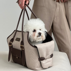Suspended by structured brown leather handles, the classy beige tote comfortably transports an attentive Bichon Frise alongside its fashionable owner.