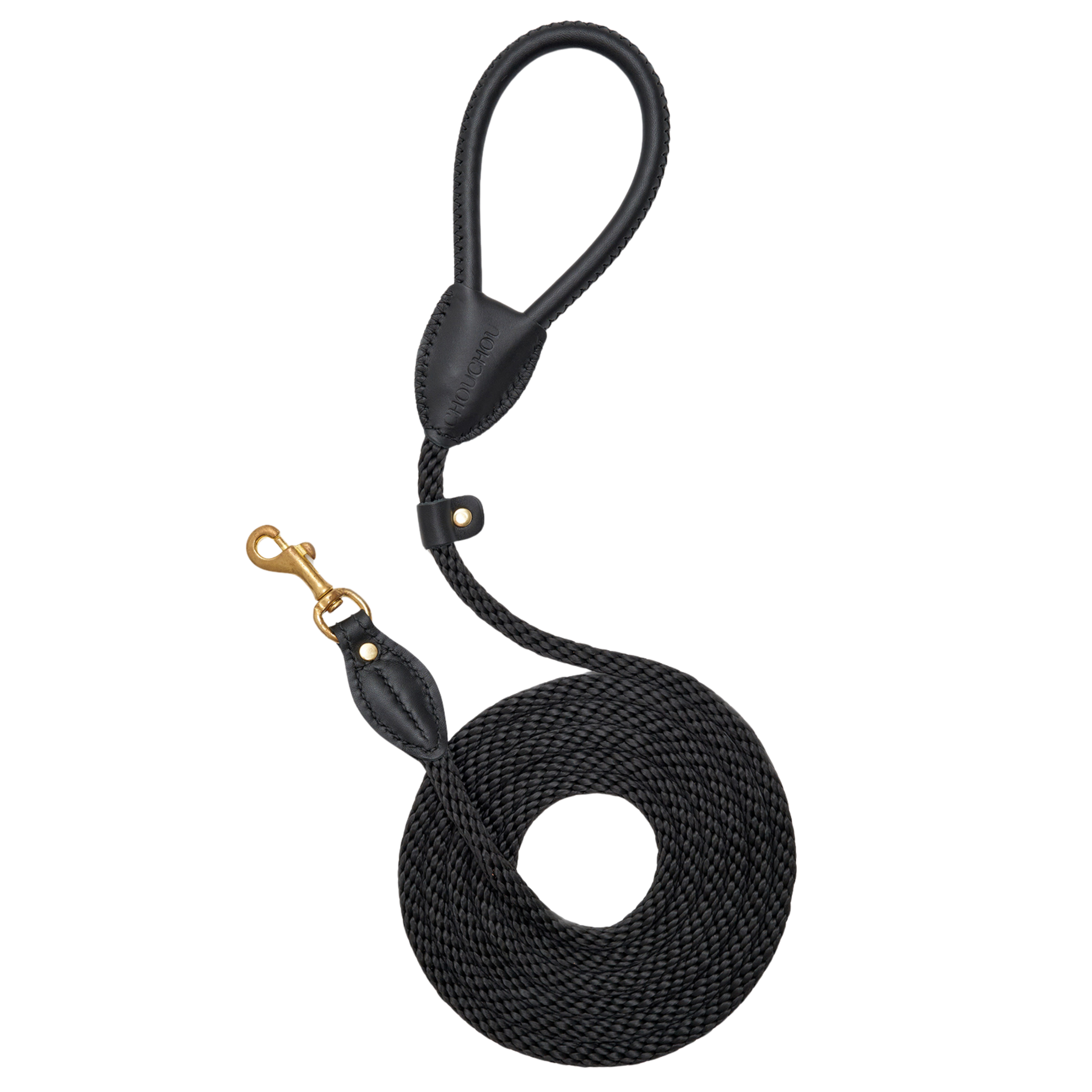 Top-down perspective of the stealth black dog walking leash by CacheMio & CHOUCHOÚ, featuring a tightly coiled dark rope and supple leather grip.