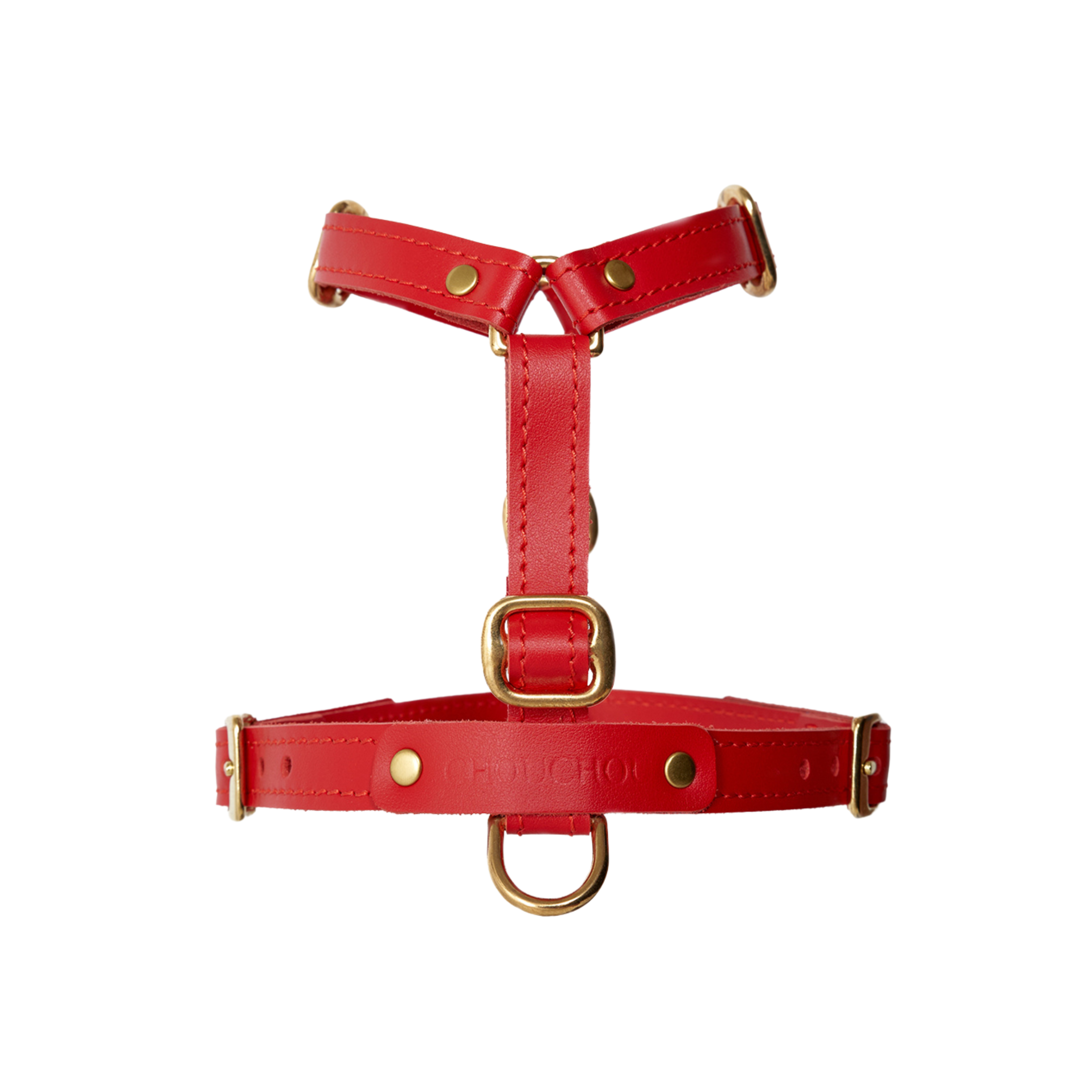 Striking crimson Italian leather forms a secure, highly adjustable matrix tailored perfectly for small to medium breeds.