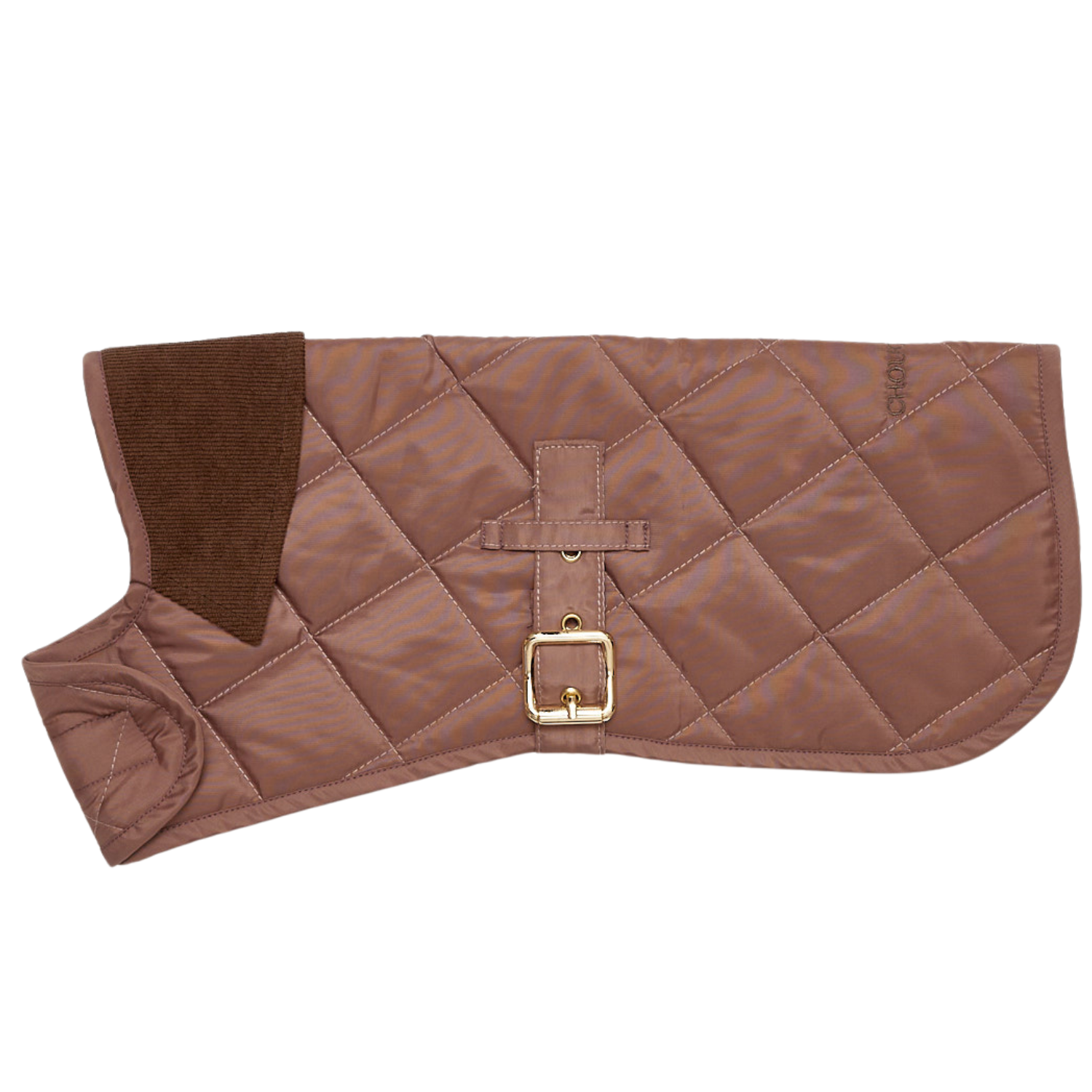 Side silhouette of the chocolate-brown pet outerwear, emphasizing the weather-ready quilted shell and secure waist strap coverage.