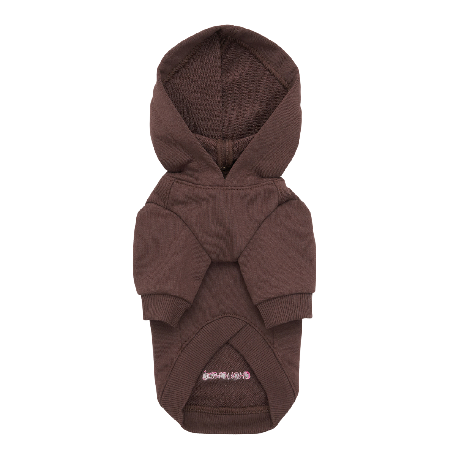 Heavyweight chocolate cotton shapes a relaxed pet streetwear silhouette, showcasing the functional soft hood and shape-retaining ribbed cuffs against a pure white backdrop.