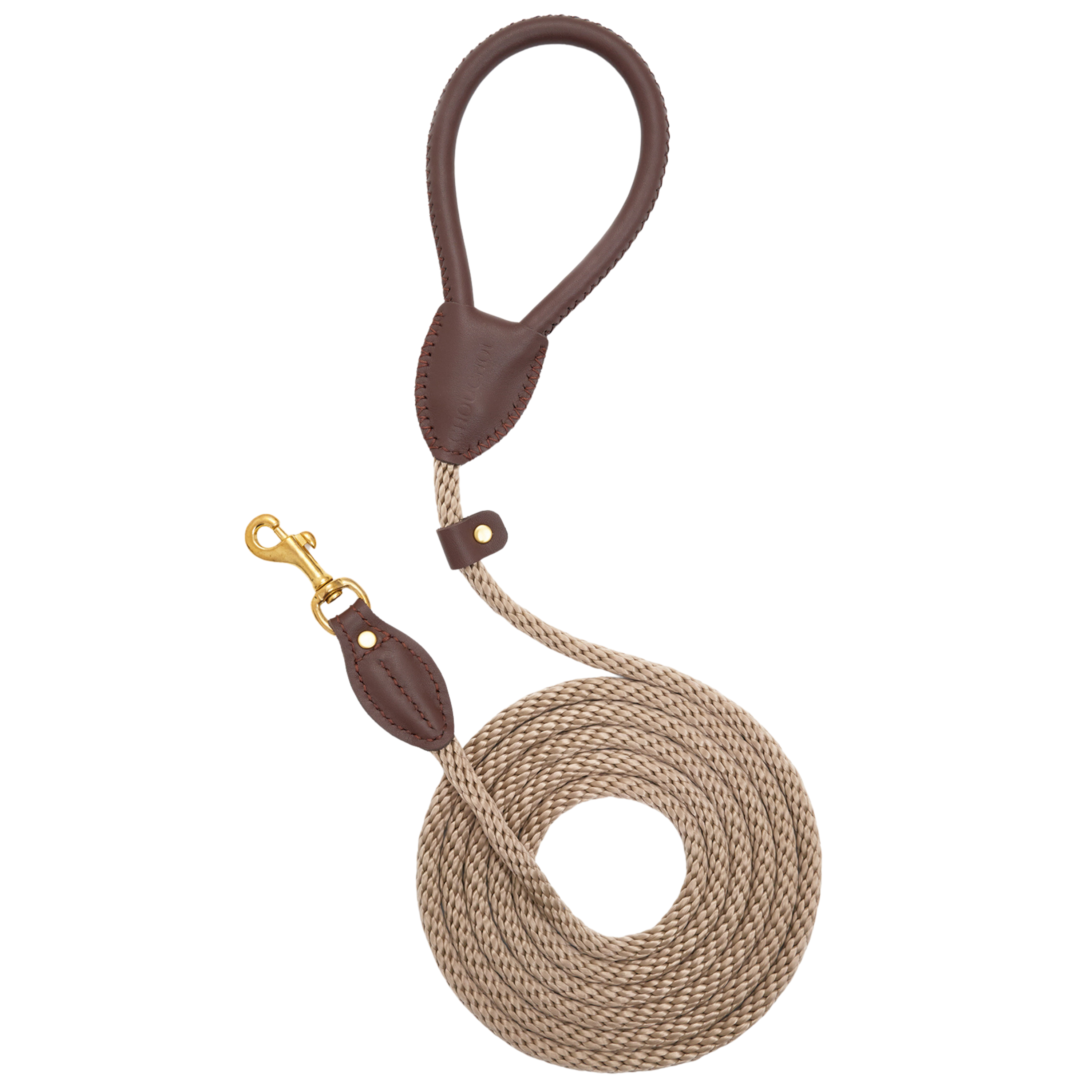 Top-down perspective of the rich chocolate brown dog leash by CacheMio & CHOUCHOÚ, featuring a neatly coiled beige rope and artisan leather grip.