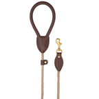 Clean vertical display of the classic dark brown Italian leather dog leash, emphasizing the seamless transition into the heavy-duty rope.