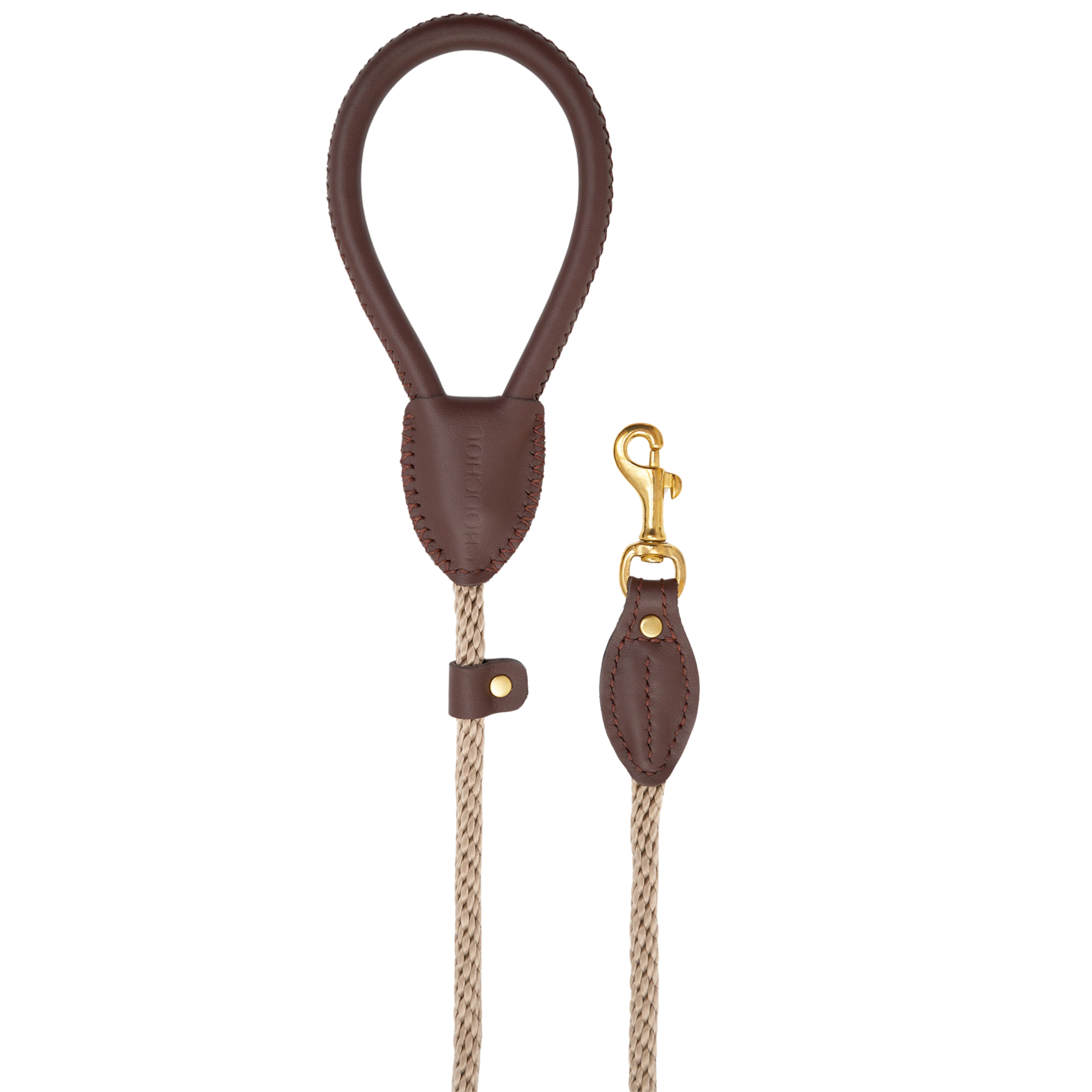 Clean vertical display of the classic dark brown Italian leather dog leash, emphasizing the seamless transition into the heavy-duty rope.