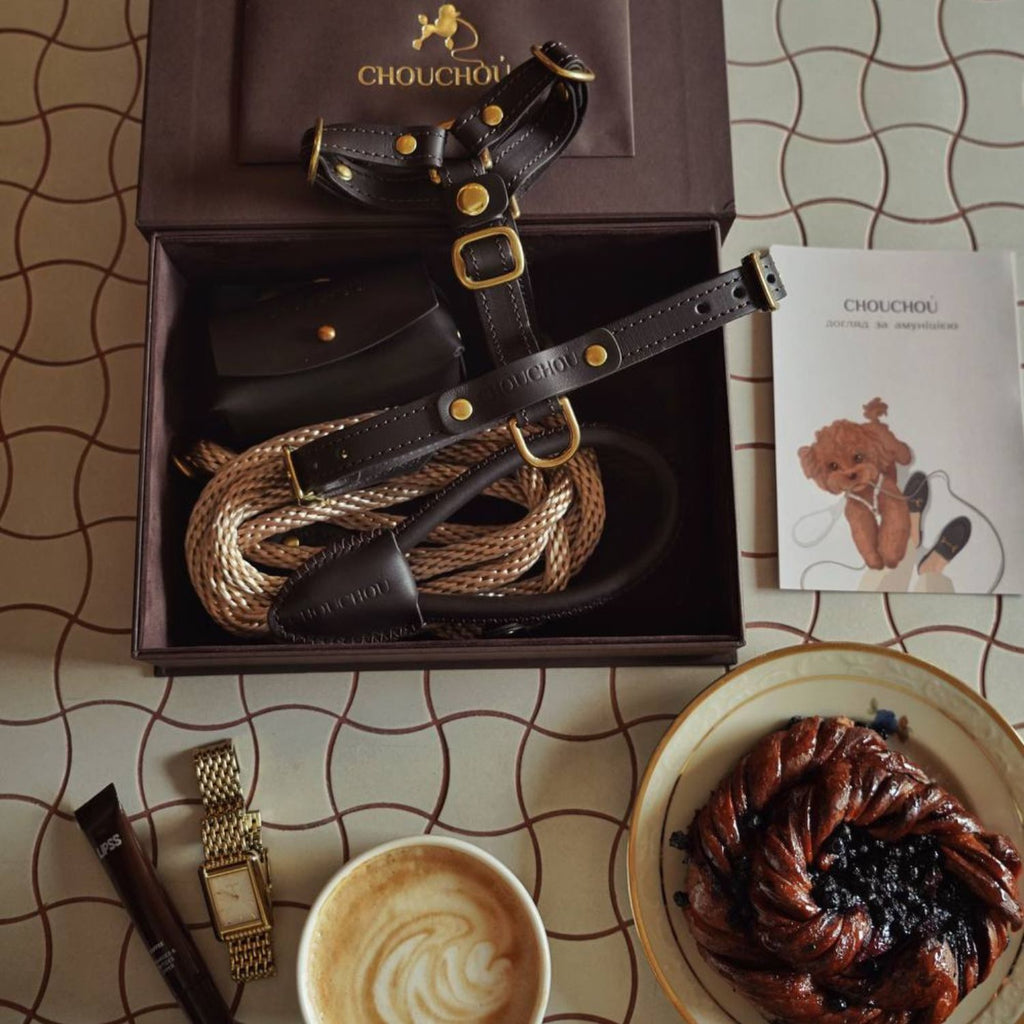 Unboxing the chocolate brown leather dog walking set by CacheMio & CHOUCHOÚ on a cafe table next to coffee and a care card.