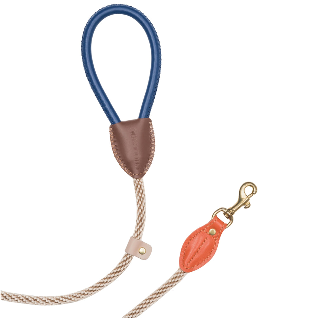 Close-up of the dynamic multi-colored Italian leather and solid brass hardware on the CacheMio & CHOUCHOÚ Chromatique dog walking leash.