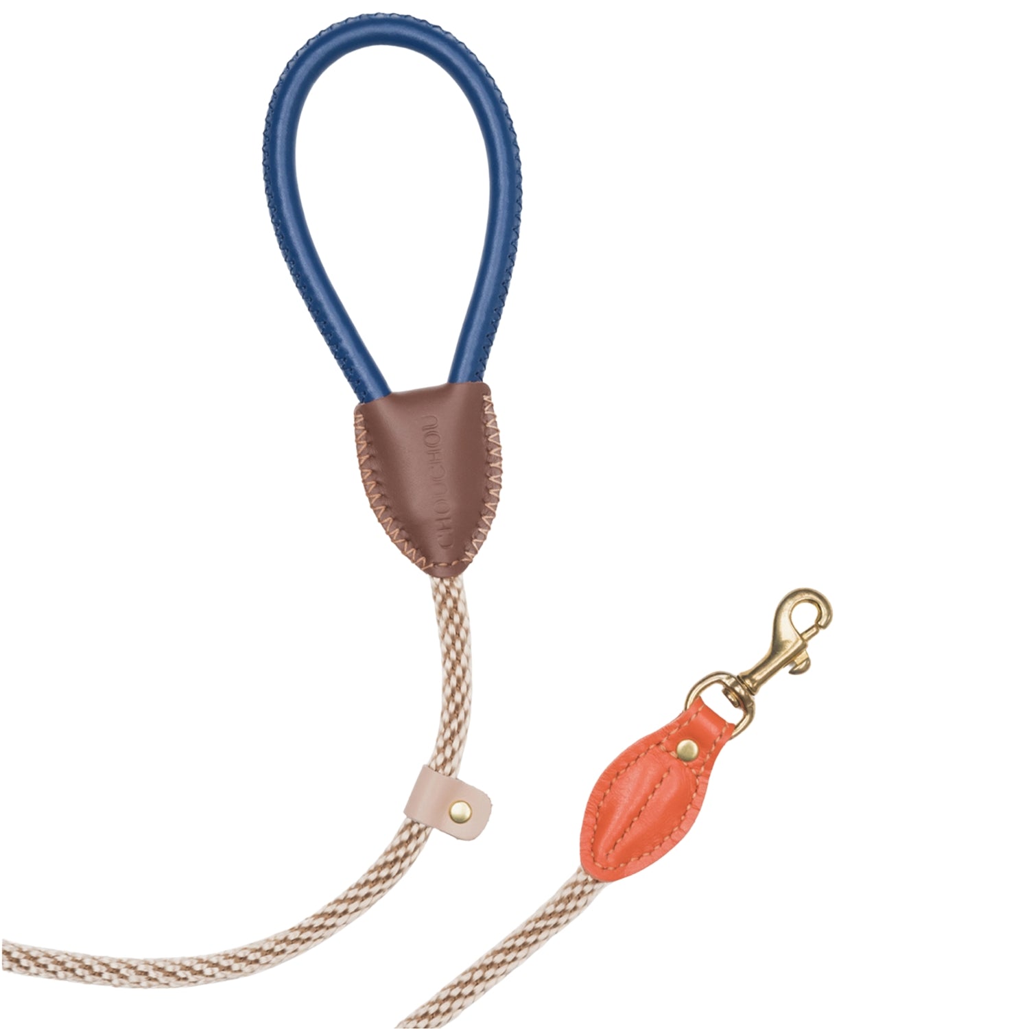 Close-up of the dynamic multi-colored Italian leather and solid brass hardware on the CacheMio & CHOUCHOÚ Chromatique dog walking leash.