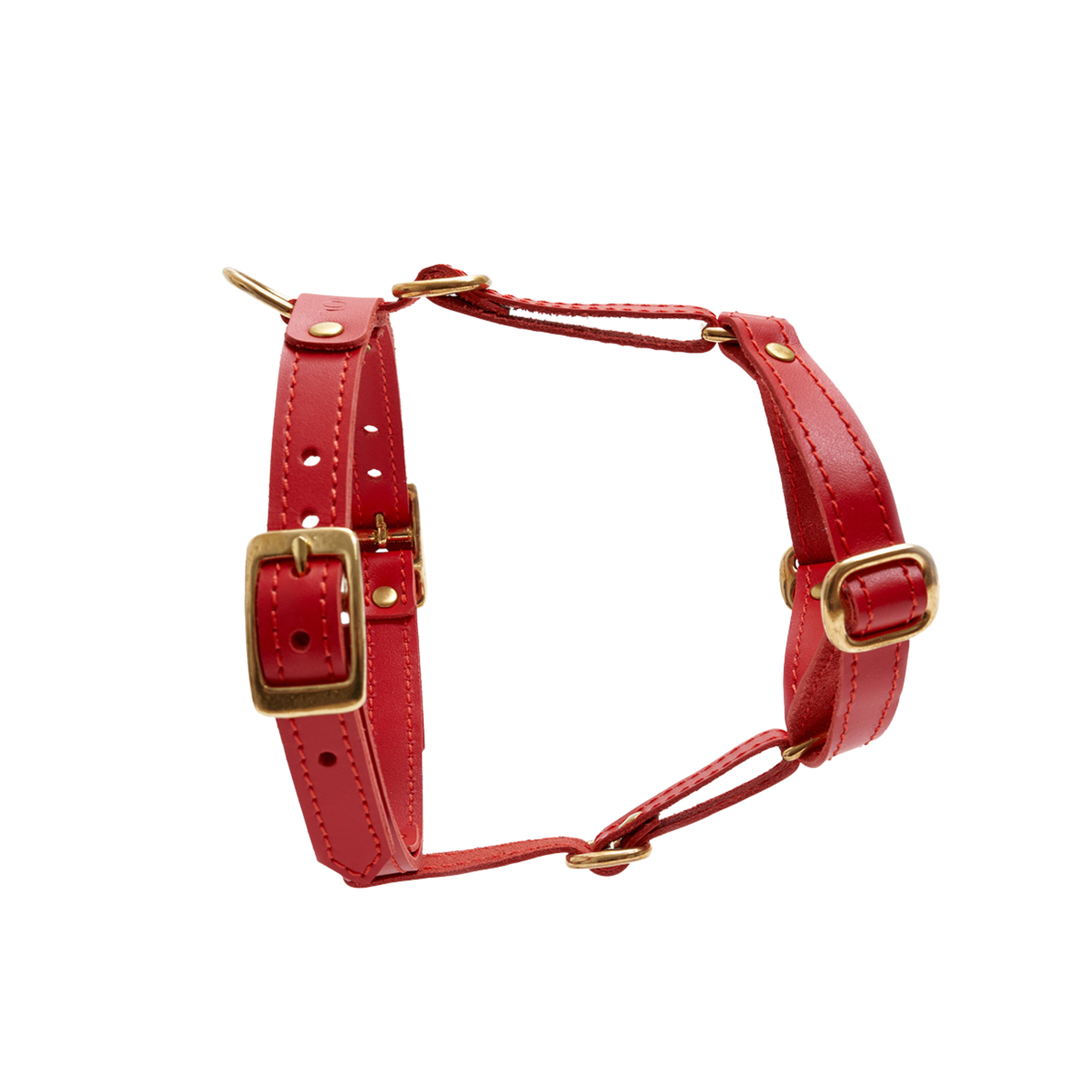 Lateral showcase of the vibrant red canine chest strap, emphasizing the robust solid brass buckles and ergonomic side clearance.