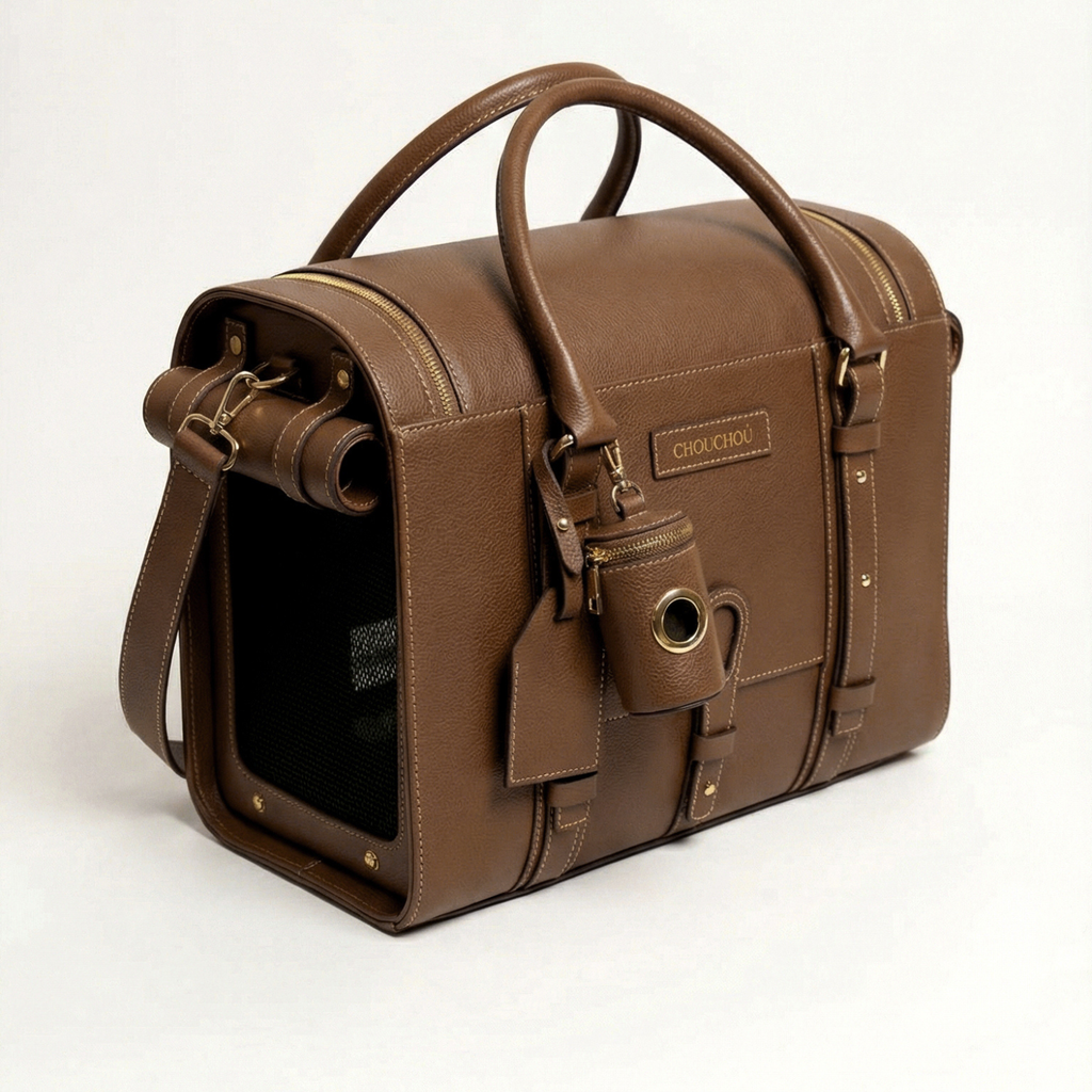 Rich cognac Italian leather shapes this heritage-inspired pet travel holdall, presented with its matching accessories and structured cabin-compliant silhouette.