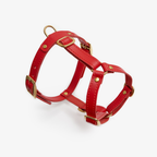 Lateral showcase of the vibrant red canine chest strap, emphasizing the robust solid brass buckles and ergonomic side clearance.
