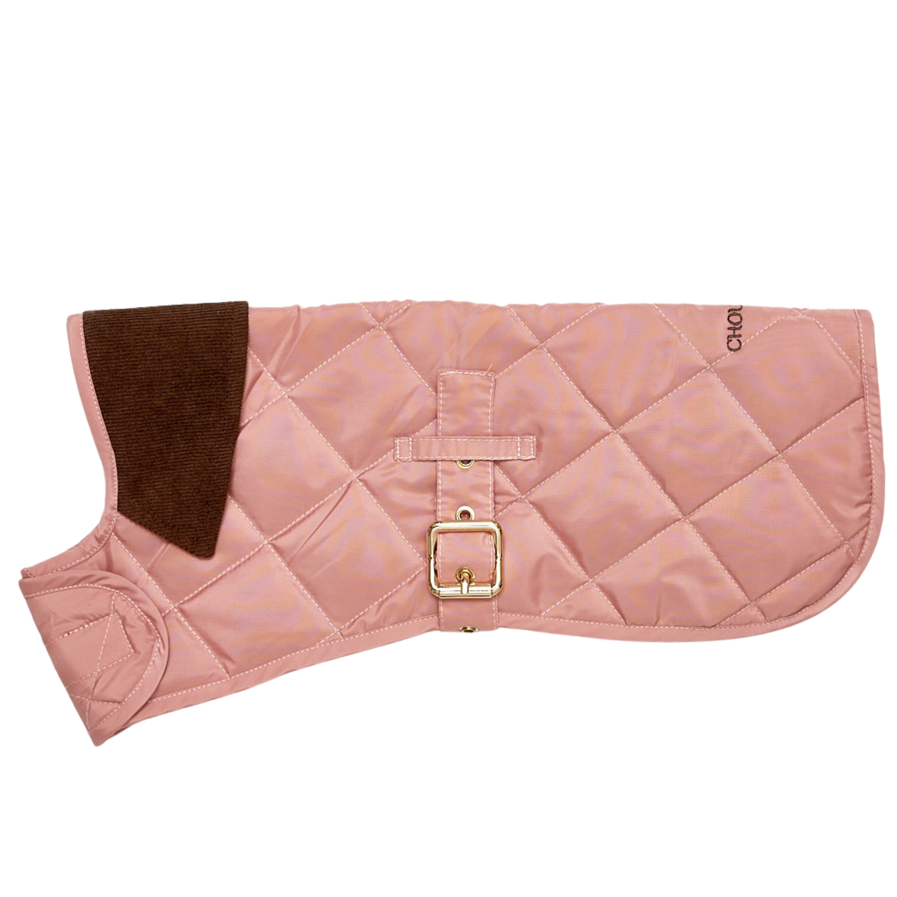 Engineered for elegant protection, this blush-toned pet vest rests in a folded side angle. The image captures precise tailoring and a distinct contrast between the pastel shell and the dark velvet neck trim.