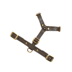 Earthy olive green leather forms a sophisticated Y-shaped walking vest, suspended to reveal its structural integrity and gleaming brass hardware.