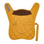 Vibrant mustard yellow outerwear for dogs laid flat against a white background, highlighting the premium quilted texture and contrasting dark velvet neck protection.