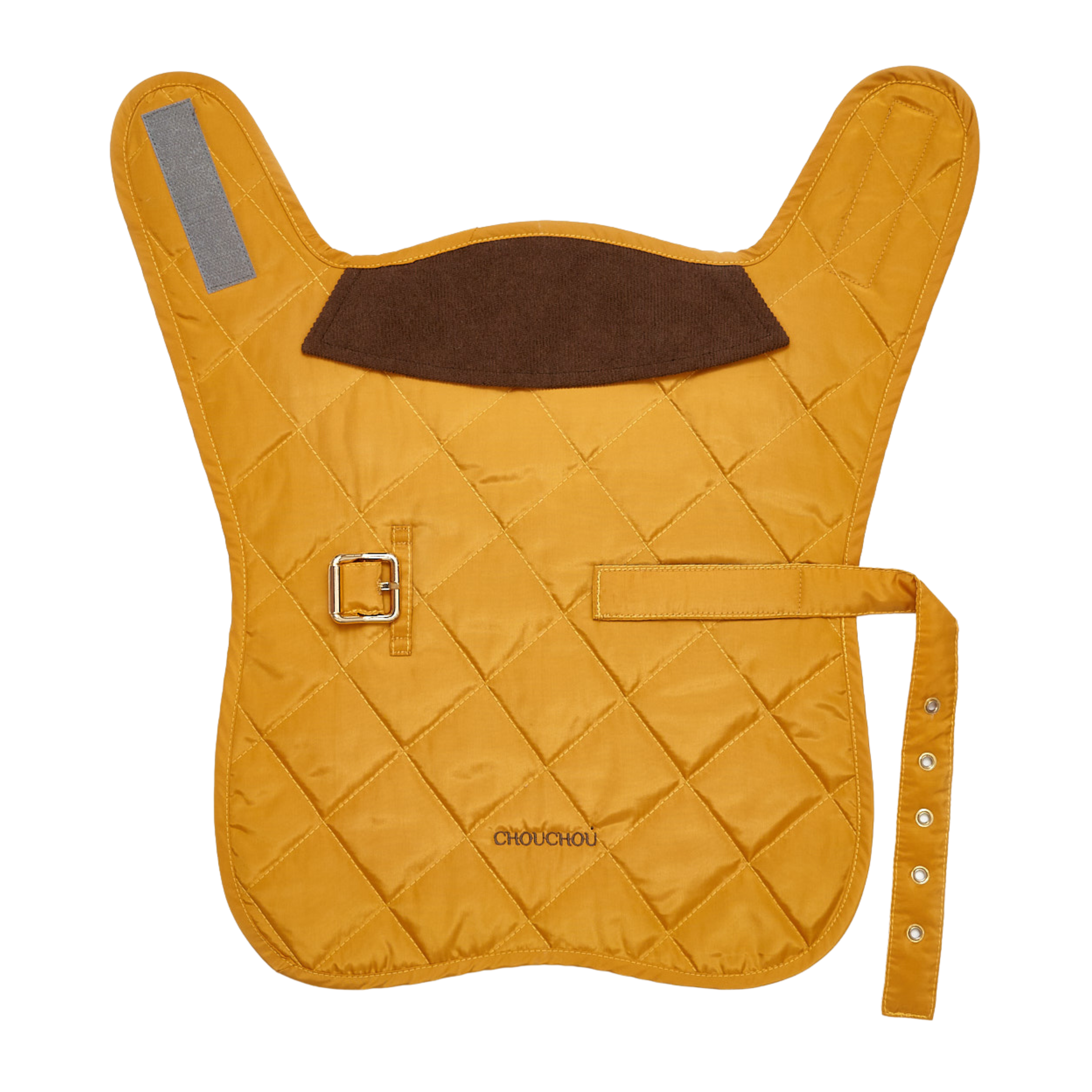 Vibrant mustard yellow outerwear for dogs laid flat against a white background, highlighting the premium quilted texture and contrasting dark velvet neck protection.