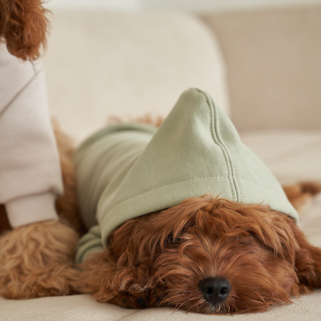 Resting peacefully on a textured bouclé surface, a brown maltipoo demonstrates the enveloping comfort and soft fabric drape of the green hooded garment.