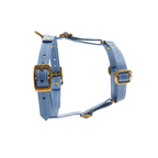 Elevated angle highlighting the heavy-duty solid brass D-ring securely anchored into the soft light blue natural leather.
