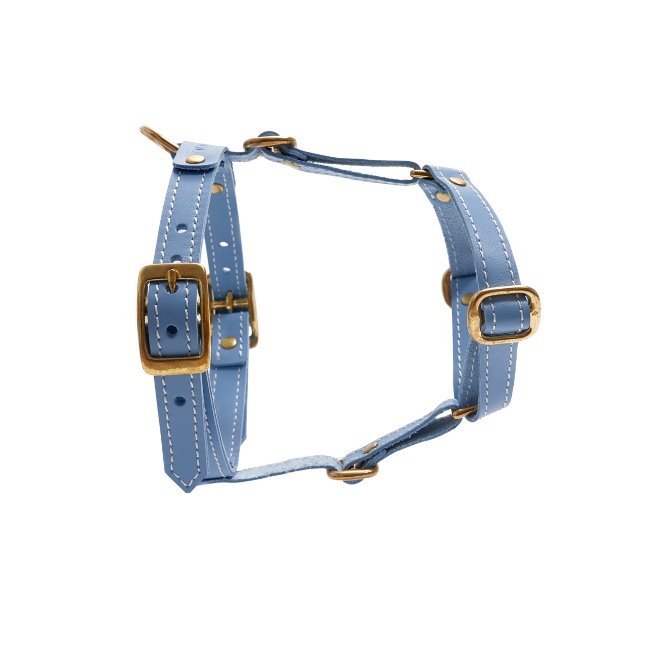 Elevated angle highlighting the heavy-duty solid brass D-ring securely anchored into the soft light blue natural leather.