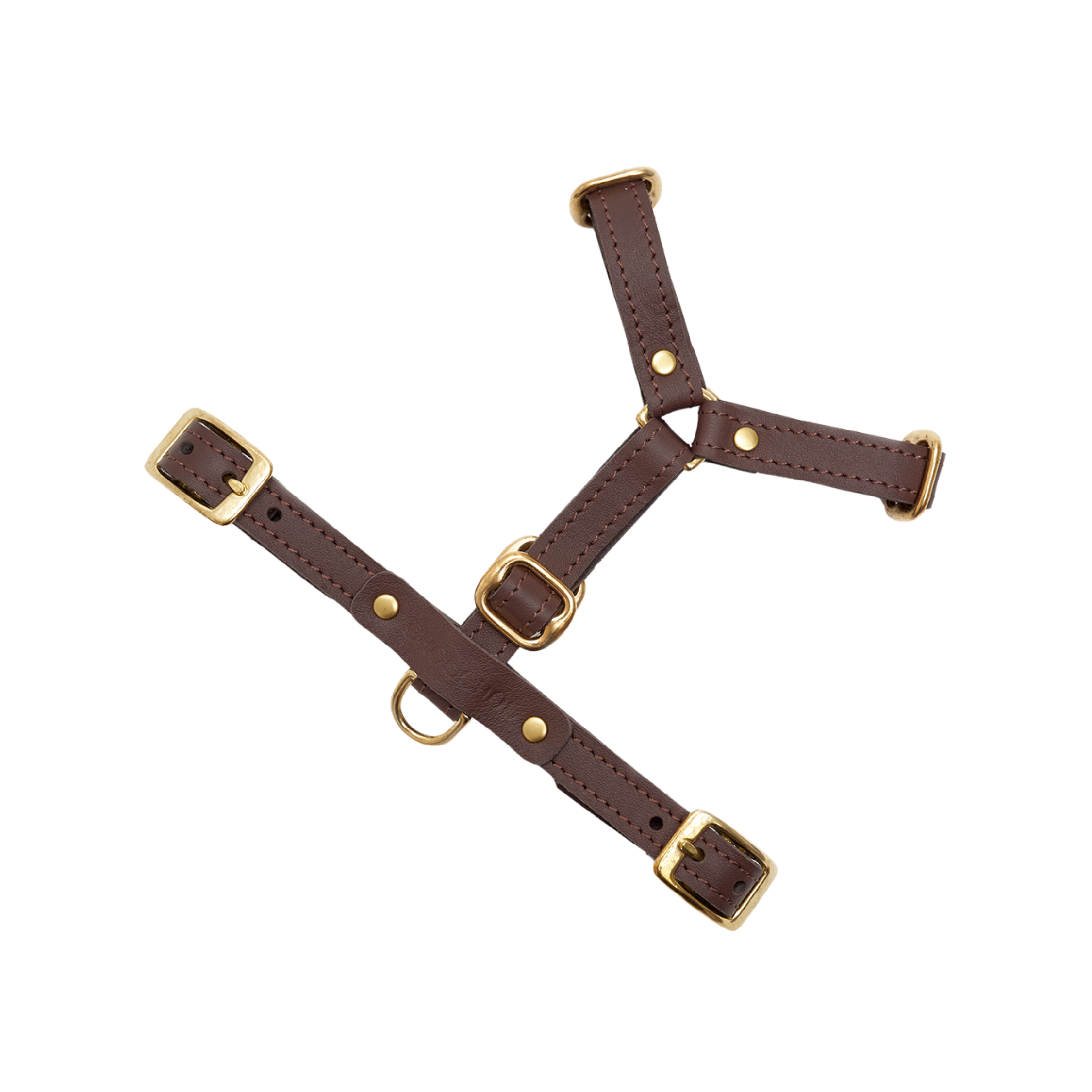 Suspended artisan-crafted chest strap in rich espresso leather, showcasing the robust geometric matrix engineered by CacheMio and CHOUCHOÚ.