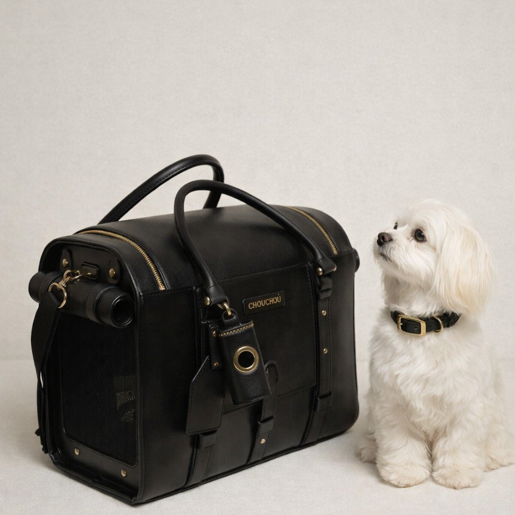 A fluffy white Maltese waits patiently beside the sleek, tarmac-ready black leather carrier, demonstrating the optimal dimensions for under-seat airplane storage.