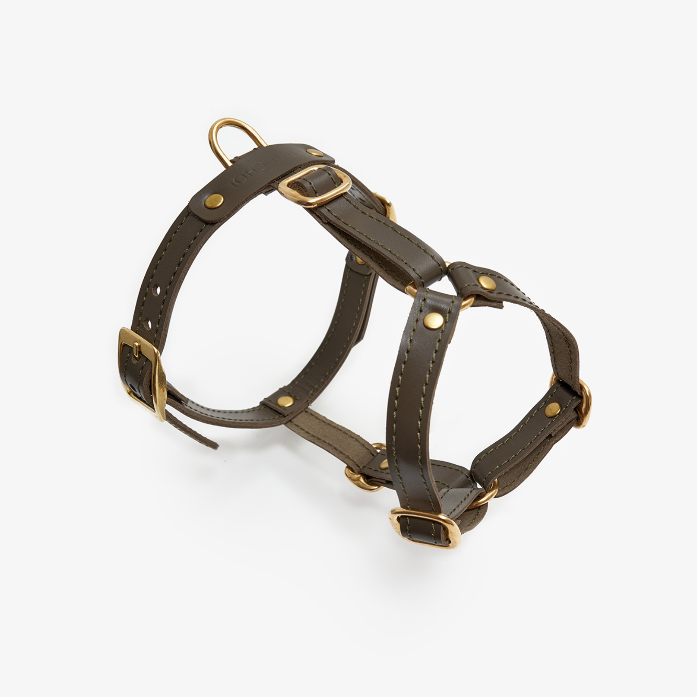 Earthy olive green leather forms a sophisticated Y-shaped walking vest, suspended to reveal its structural integrity and gleaming brass hardware.