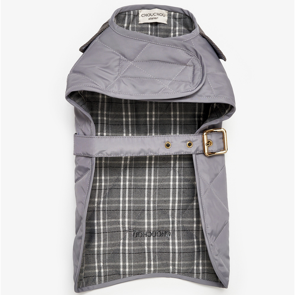 Interior perspective of the contemporary dog jacket, revealing the breathable patterned cotton lining engineered for thermal comfort.