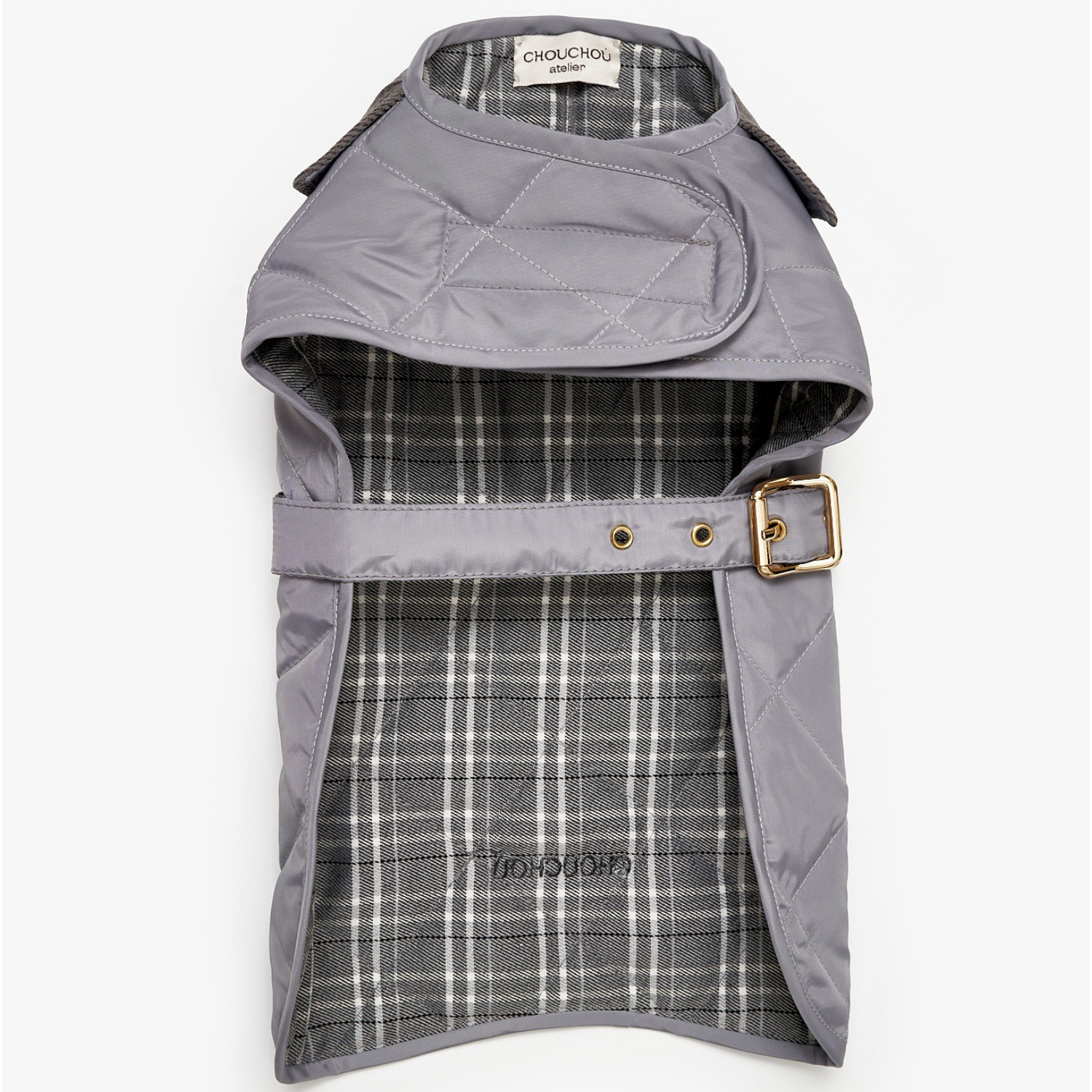 Interior perspective of the contemporary dog jacket, revealing the breathable patterned cotton lining engineered for thermal comfort.