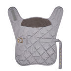 Top-down view of the modern gray-blue quilted dog coat by CacheMio x CHOUCHOÚ, showcasing the sleek water-resistant shell and velvet collar.