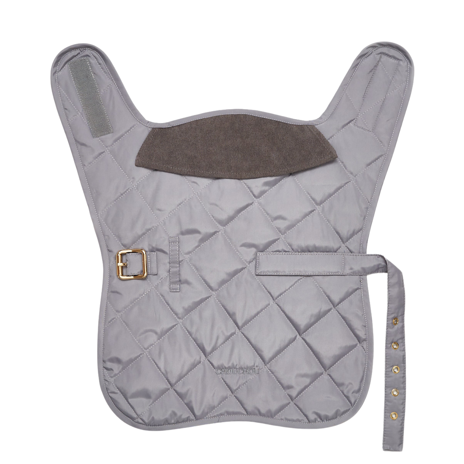 Top-down view of the modern gray-blue quilted dog coat by CacheMio x CHOUCHOÚ, showcasing the sleek water-resistant shell and velvet collar.