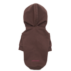 Delicate pink CacheMio atelier embroidery anchors the lower back of the dark brown pet sweater, emphasizing minimalist luxury on breathable woven fabric.