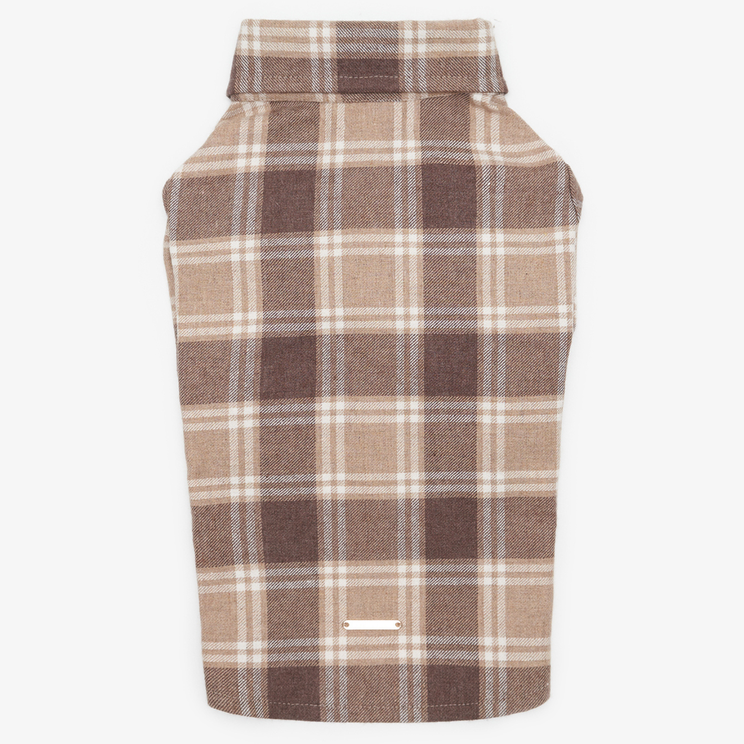 Back view of a brown checkered pet shirt laid flat, featuring a seamless tartan pattern and a small metal logo plate at the bottom hem.