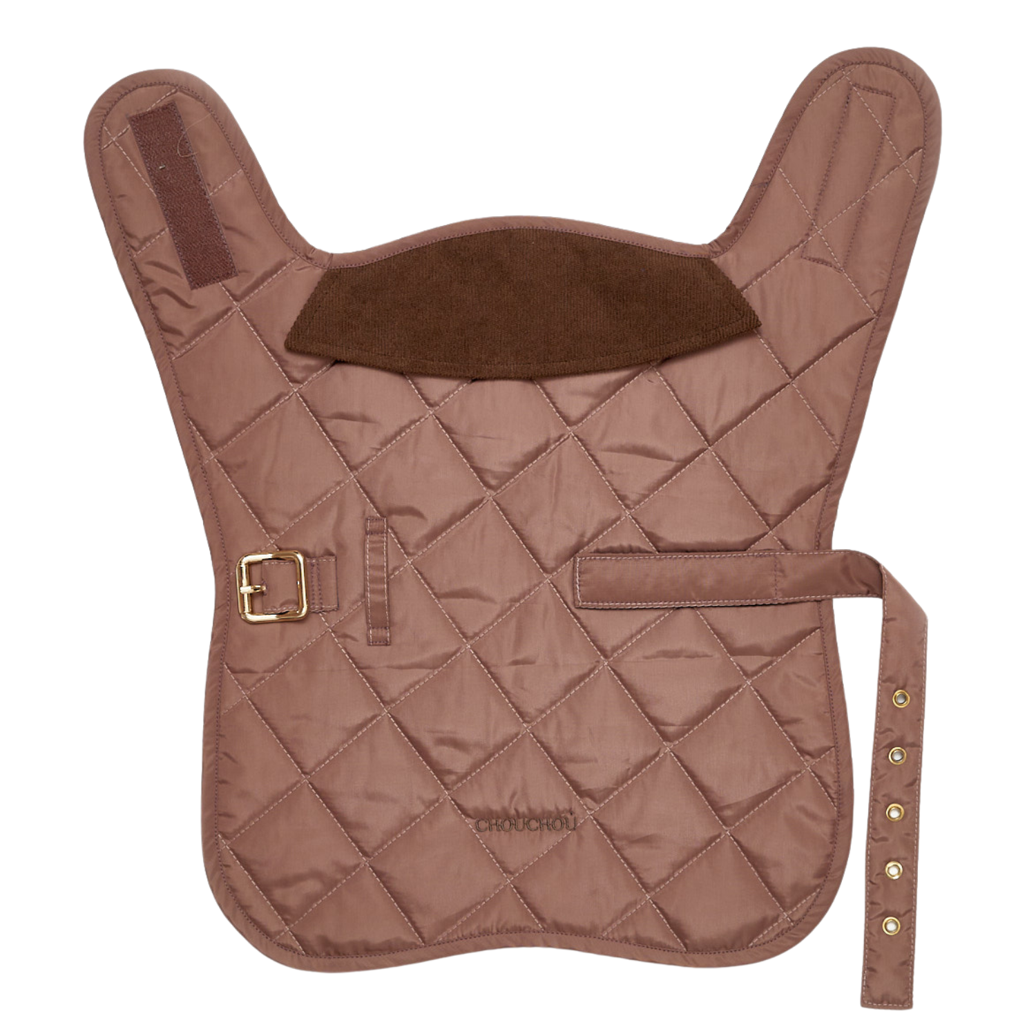 Top-down presentation of the rustic brown waterproof quilted dog coat by CacheMio x CHOUCHOÚ, displaying the velvet collar and structural stitching.