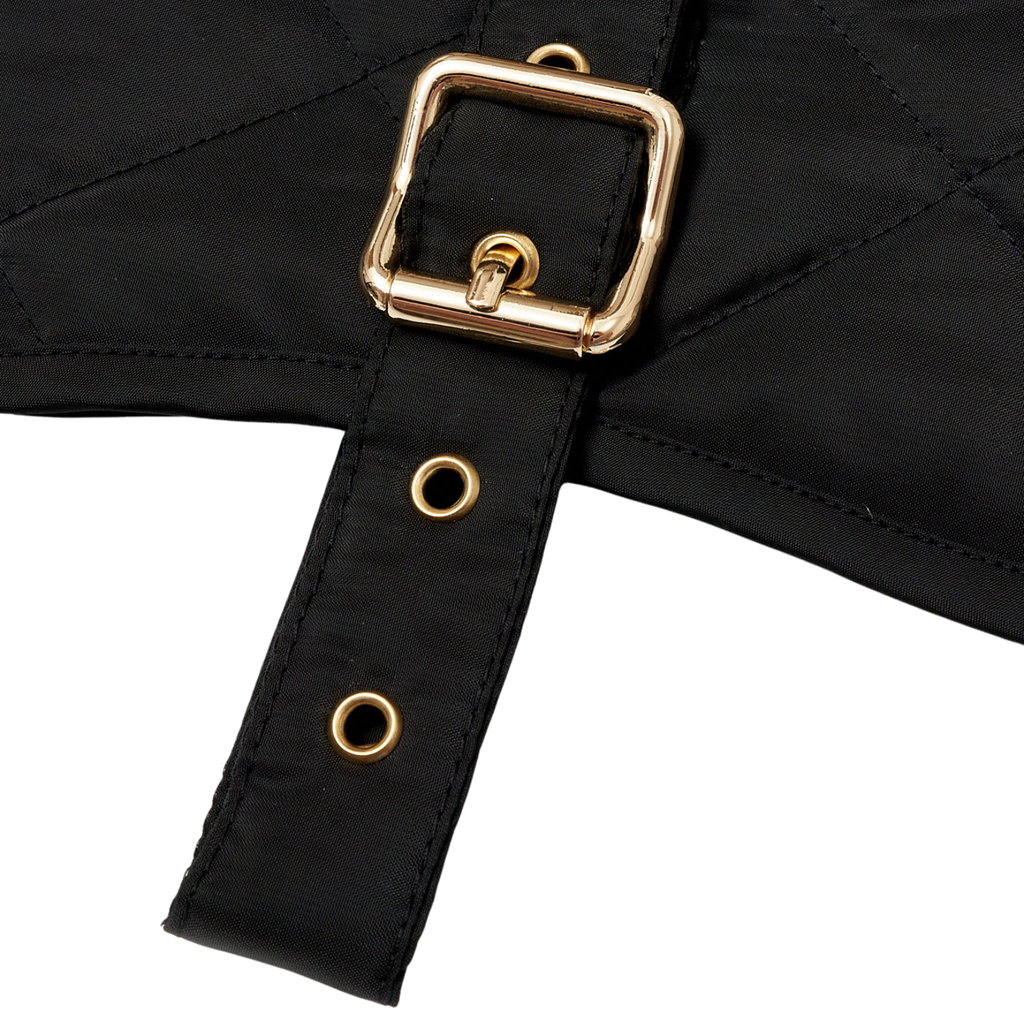 Extreme close-up of the striking gold-tone brass buckle against the deep black fabric of the CacheMio & CHOUCHOÚ premium pet outerwear.