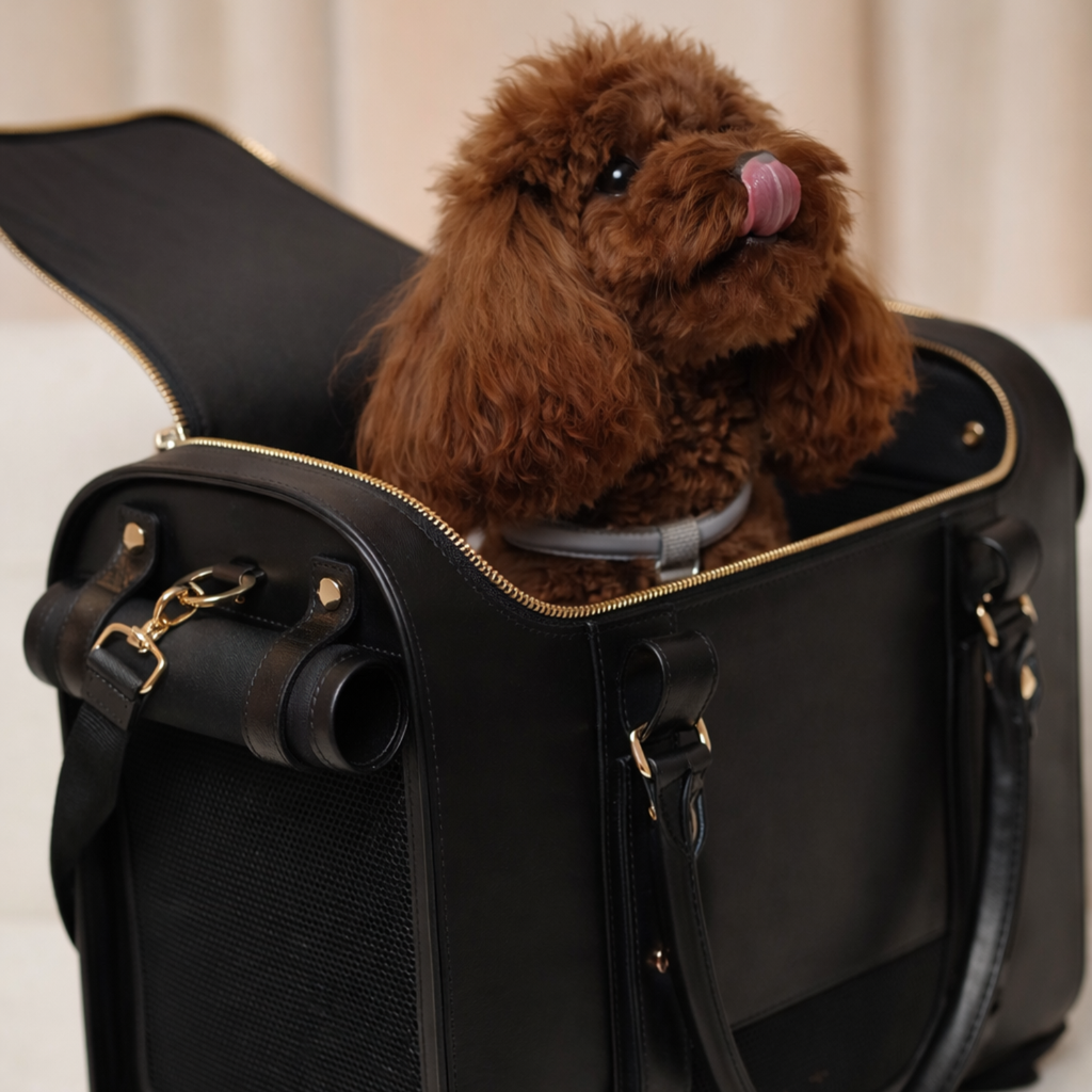 Anticipating the journey, a curly brown maltipoo sits securely inside the luxurious black travel tote, showcasing the spacious and comfortable interior cabin.
