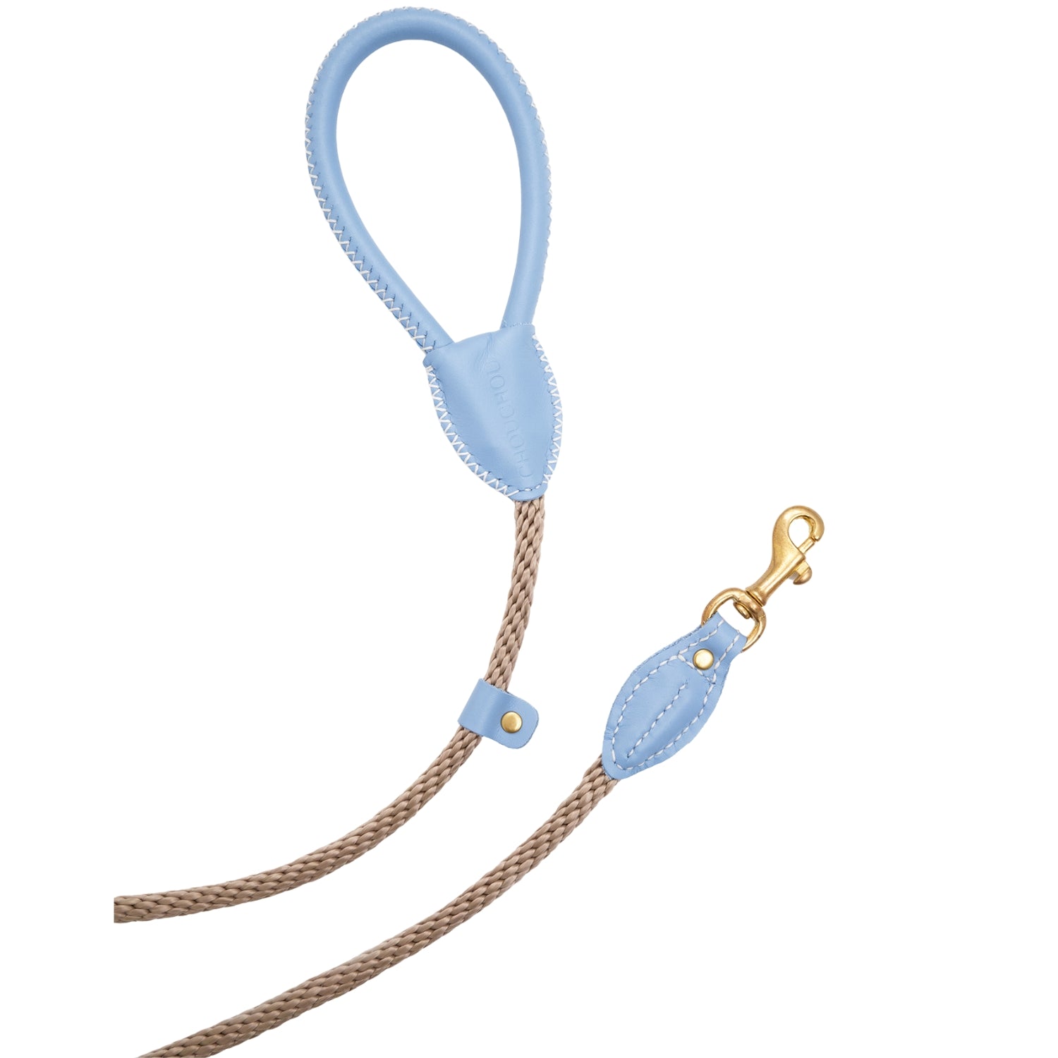 Pastel light blue leather dog leash handle and solid brass clasp by CacheMio & CHOUCHOÚ, connected by a durable beige rope.