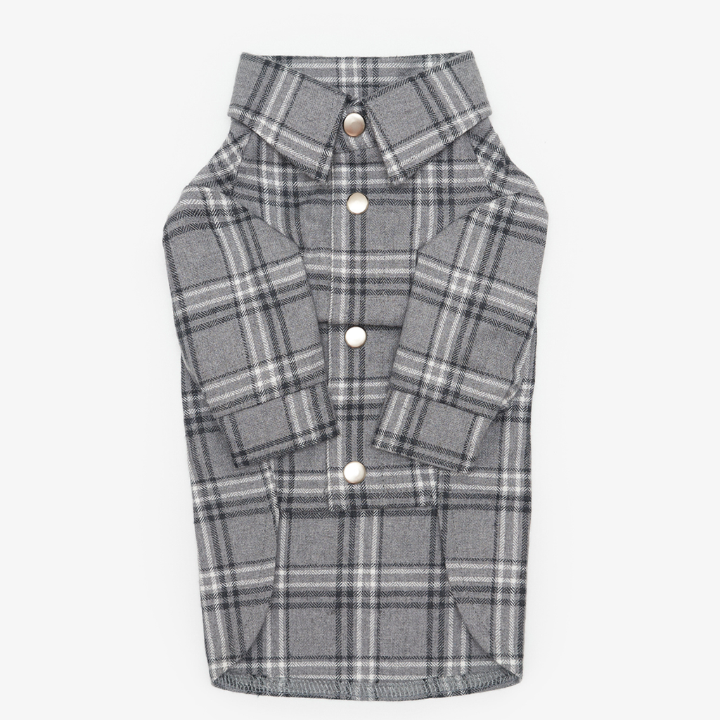 Crisp monochromatic plaid lines define this tailored canine button-down, featuring polished snap fasteners and cuffed sleeves for effortless everyday polish.