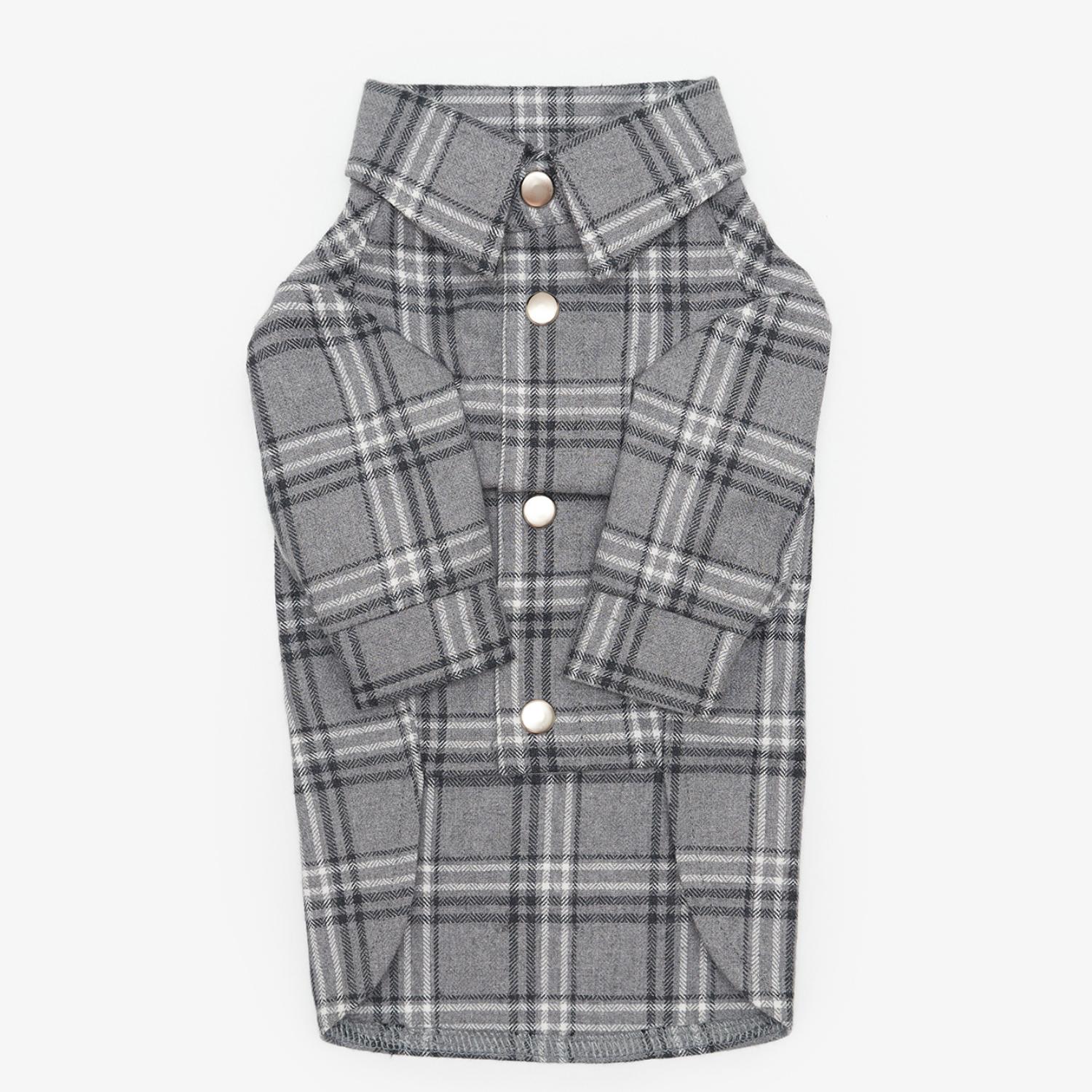 Crisp monochromatic plaid lines define this tailored canine button-down, featuring polished snap fasteners and cuffed sleeves for effortless everyday polish.