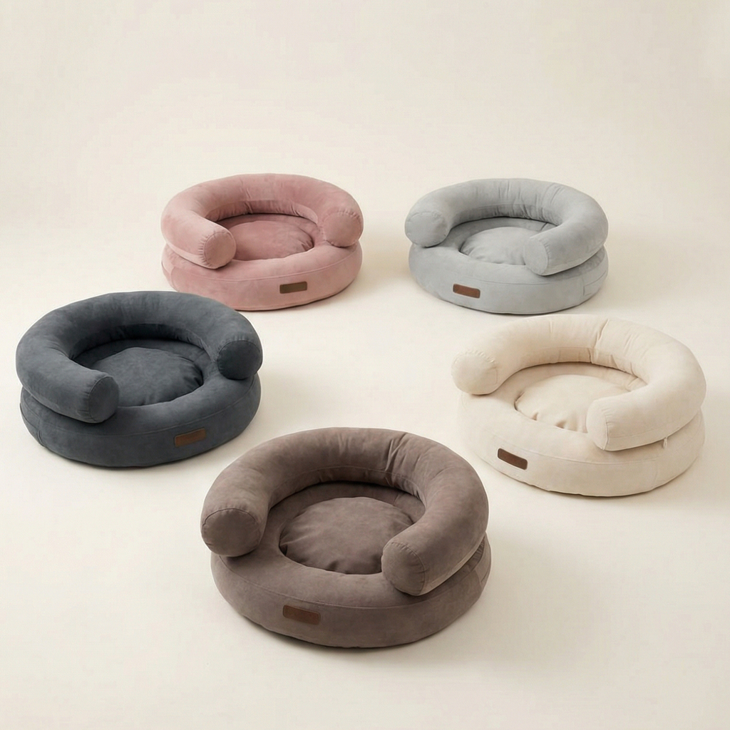 Circular studio presentation of the five signature shades, emphasizing the thick supportive bolsters and premium upholstery fabric defining these ergonomic pet lounges.