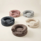 Circular studio presentation of the five signature shades, emphasizing the thick supportive bolsters and premium upholstery fabric defining these ergonomic pet lounges.