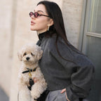 Metropolitan fashion captured as a stylish woman in tinted glasses carries her maltipoo, perfectly accessorized with the stealth dog harness.
