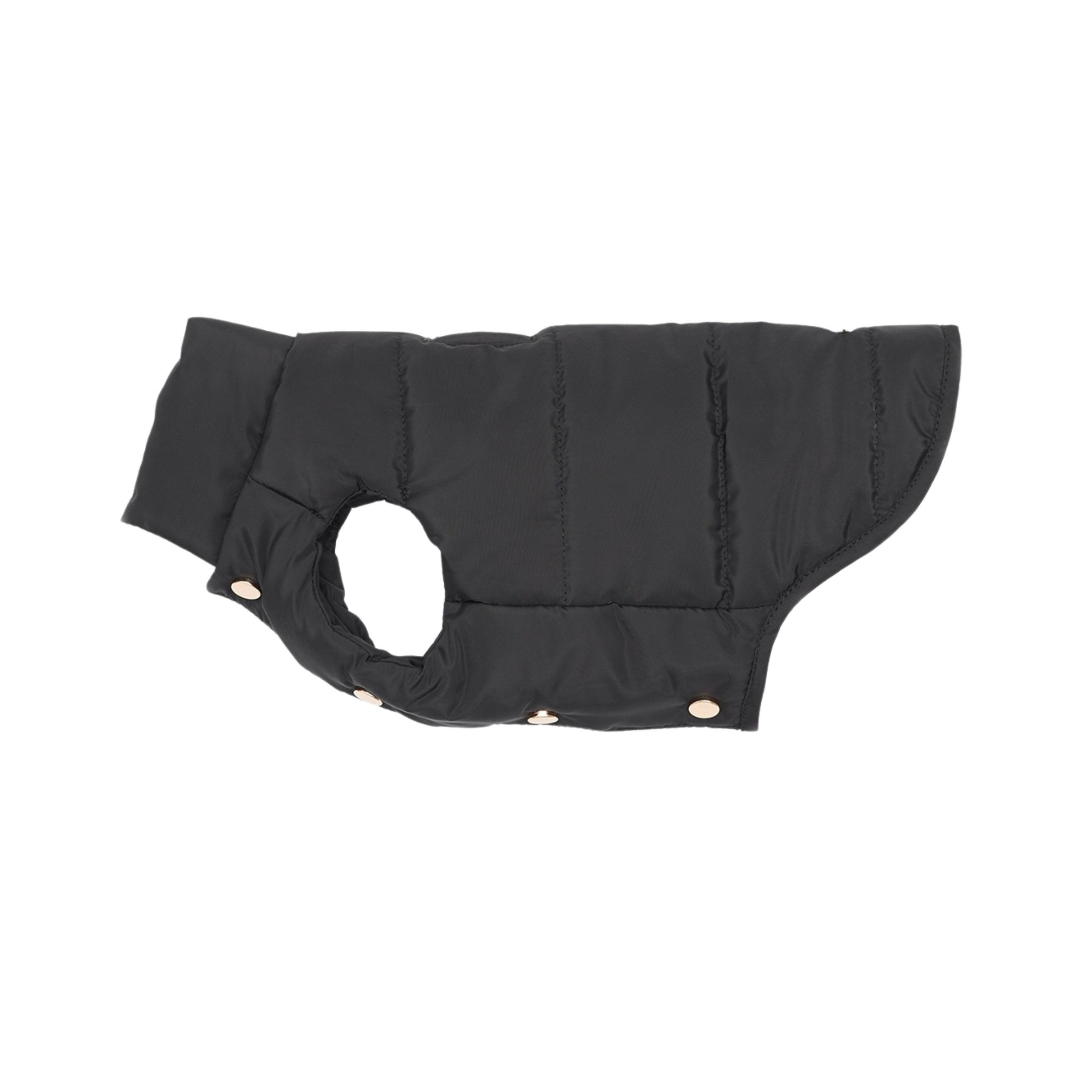 Architectural lines dictate the shape of this midnight black canine winter garment. Displayed laterally, the water-defying shell and golden fasteners highlight its utilitarian stealth design.